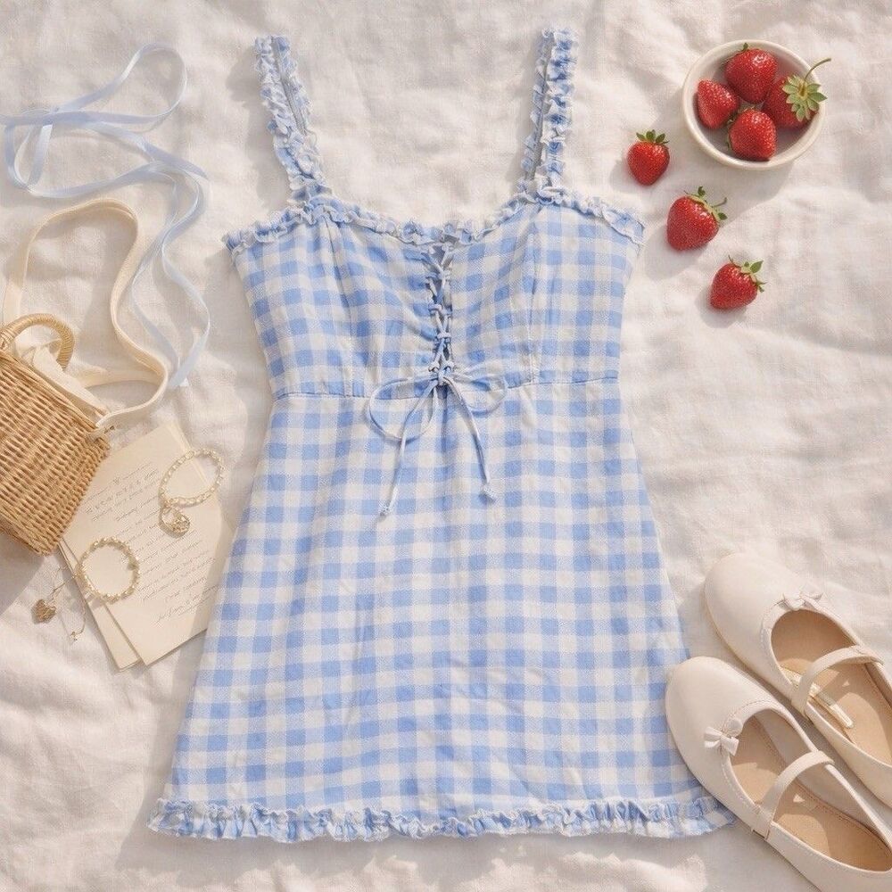 Urban Outfitters Blue Gingham Mini Dress Corset Tie Ruffle Babydoll Coquette M